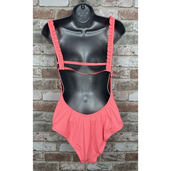 Victoria Secret Coral Orange One piece Swim Suit Ruffle Strap Sz L - Picture 3 of 11
